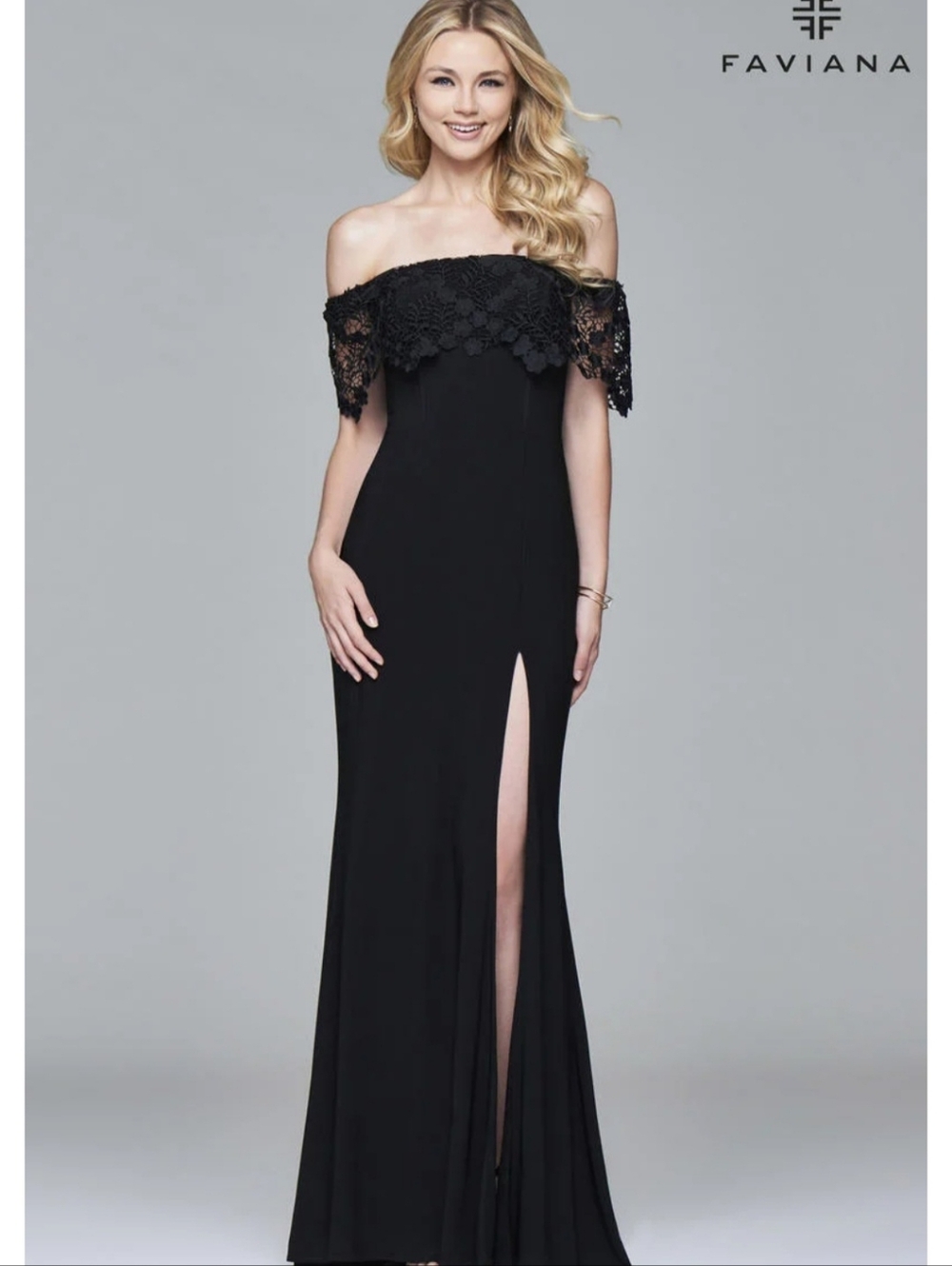 Faviana 7937 Off-The-Shoulder Lace Jersey Gown - Black - Size 4